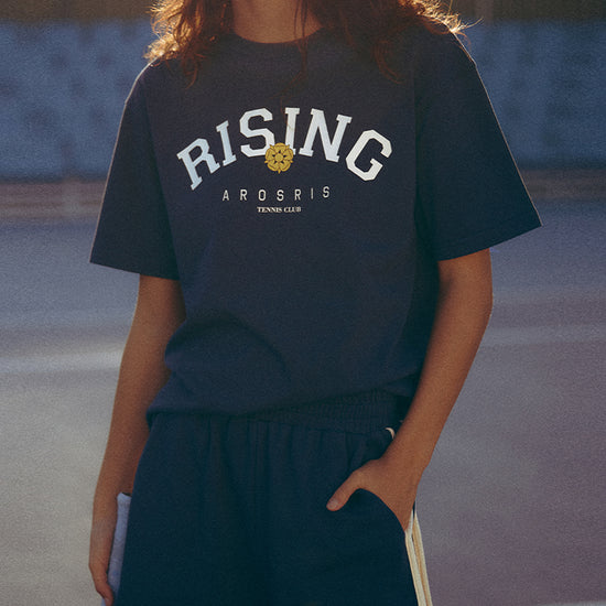 AROSRIS Retro Rising Tennis Club Graphic Tee in Classic Navy — front view showing bold varsity print and relaxed fit
