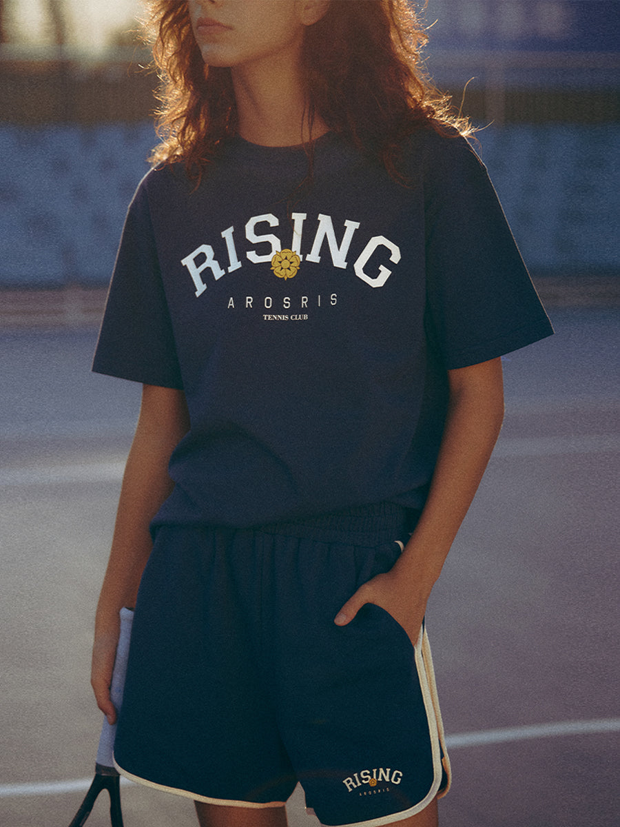 AROSRIS Retro Rising Tennis Club Graphic Tee in Classic Navy — front view showing bold varsity print and relaxed fit