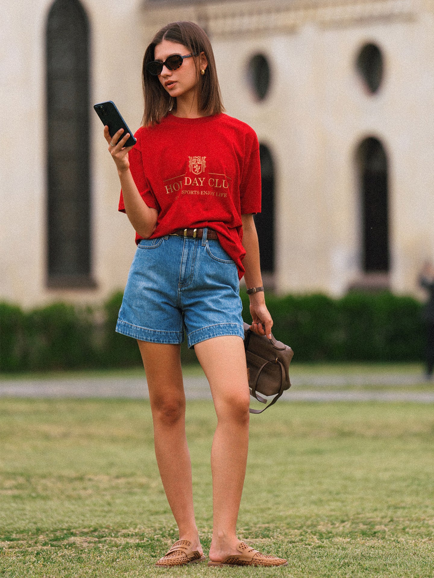 AROSRIS Princess A-Line Denim Shorts in Vintage Washed Blue — front view showing rigid denim structure and leg-lengthening trapezoid cut