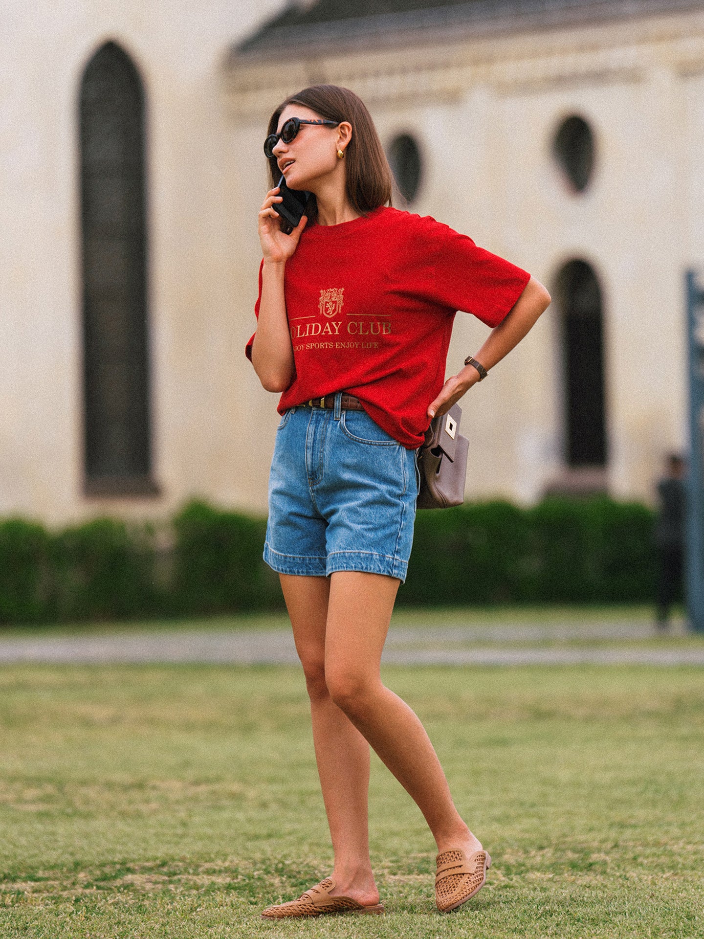 AROSRIS Princess Vintage Denim Shorts — side profile showing A-line flare, cuffed hem and natural high-waist rise