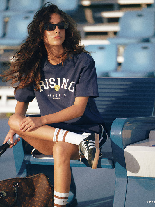 AROSRIS Rising Graphic Tee in Classic Navy — full body street style showing relaxed fit and retro sport aesthetic