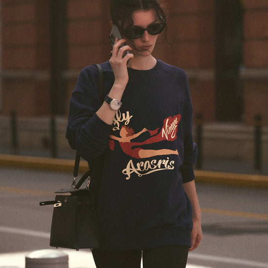 AROSRIS The Princess Retro Graphic Crewneck in Royal Navy — full body street style showing Fly Arosris vintage artwork and oversized silhouette