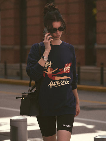 AROSRIS The Princess Retro Graphic Crewneck in Royal Navy — full body street style showing Fly Arosris vintage artwork and oversized silhouette