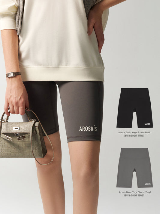 AROSRIS Naked Feel High-Waist Compression Biker Shorts in Mist Grey and Midnight Black — side by side showing seamless front panel and sculpting fit