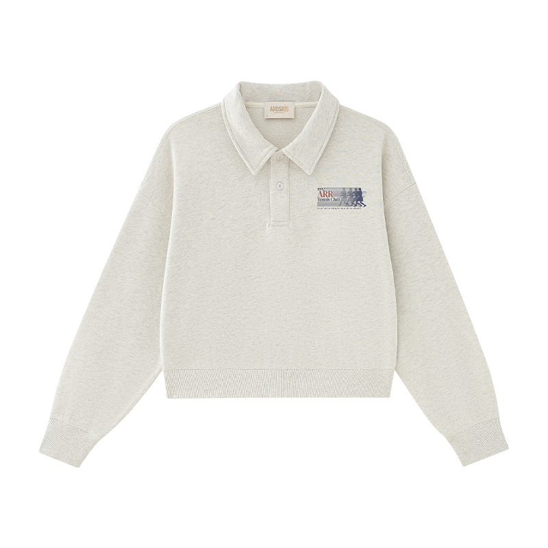 AROSRIS Tennis Club Retro Cotton Polo Sweatshirt in Oatmeal Heather — flat lay showing vintage collegiate chest graphic and polo collar design