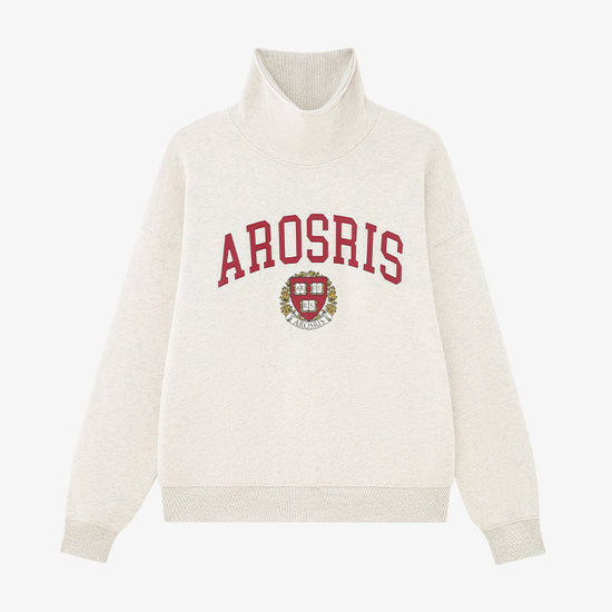 AROSRIS The Princess Varsity Sweatshirt in Varsity Grey — flat lay showing retro varsity crest graphic and oversized cut