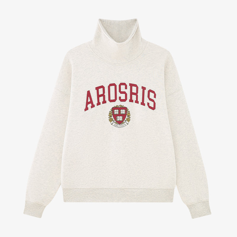 AROSRIS The Princess Varsity Sweatshirt in Varsity Grey — flat lay showing retro varsity crest graphic and oversized cut