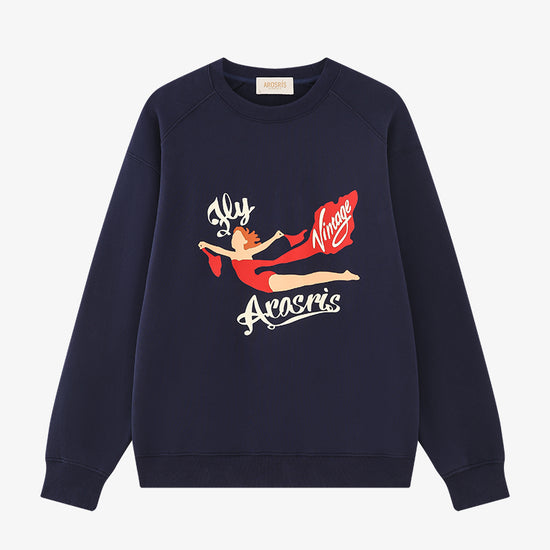 AROSRIS The Princess Fly Arosris Edition Crewneck in Royal Navy — flat lay showing vintage poster graphic and brushed cotton terry fabric