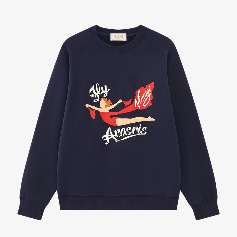 AROSRIS The Princess Fly Arosris Edition Crewneck in Royal Navy — flat lay showing vintage poster graphic and brushed cotton terry fabric