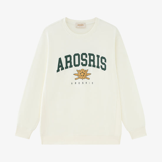 AROSRIS The Princess Retro Crest Pullover in Vintage White — flat lay showing premium Pima cotton texture and crewneck design
