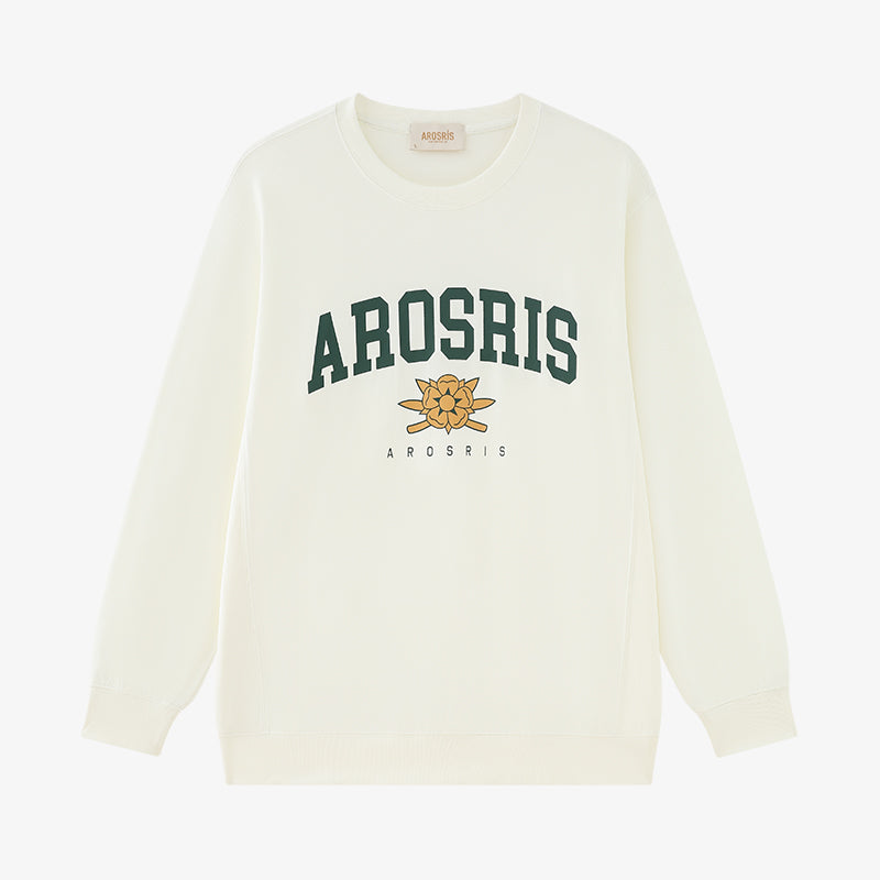 AROSRIS The Princess Retro Crest Pullover in Vintage White — flat lay showing premium Pima cotton texture and crewneck design
