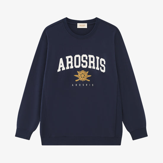 AROSRIS The Princess Retro Pullover in Royal Navy — flat lay showing 100% Pima cotton fabric and retro crest graphic detail