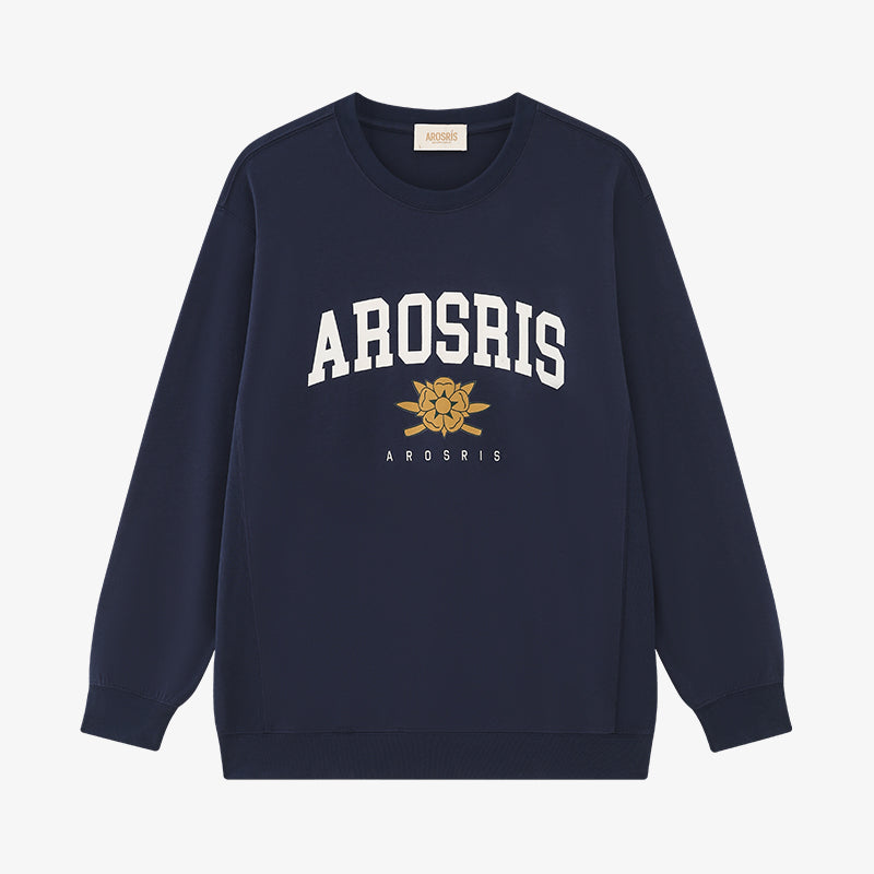 AROSRIS The Princess Retro Pullover in Royal Navy — flat lay showing 100% Pima cotton fabric and retro crest graphic detail