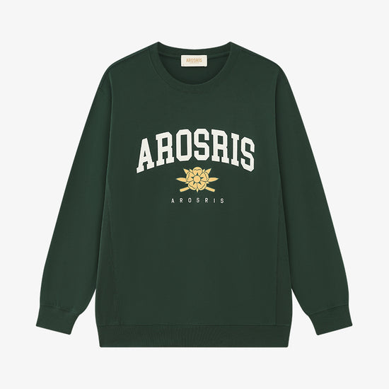 AROSRIS The Princess Crest Pullover in Ivy Green — flat lay showing smooth polished cotton finish and vintage varsity print