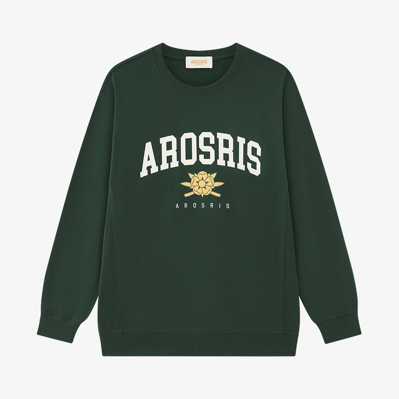 AROSRIS The Princess Crest Pullover in Ivy Green — flat lay showing smooth polished cotton finish and vintage varsity print