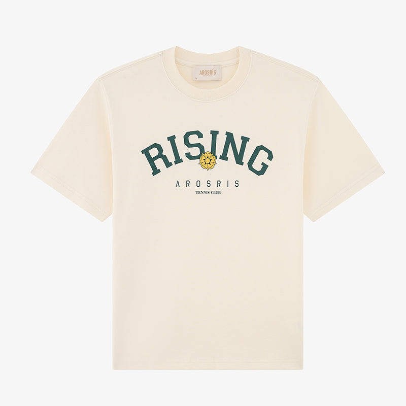 AROSRIS Rising Tennis Club Graphic Tee in Cream Beige — flat lay showing Xinjiang long-staple cotton fabric and retro collegiate print