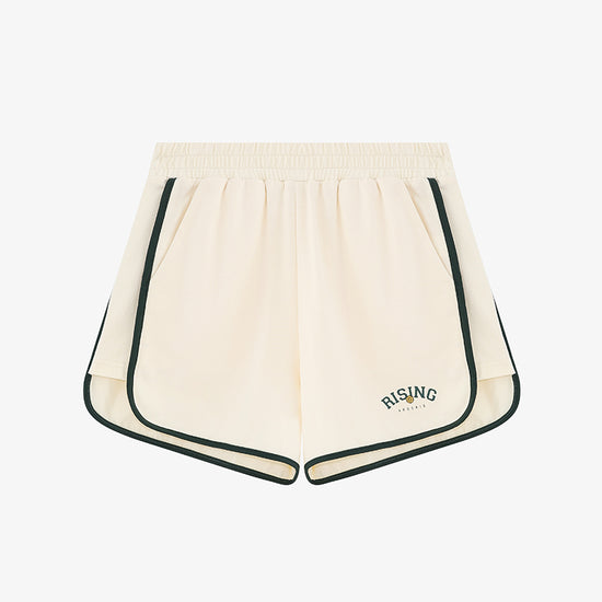 AROSRIS Retro Logo Cotton Sweat Shorts in Cream Beige — flat lay showing relaxed vintage cut and subtle logo print