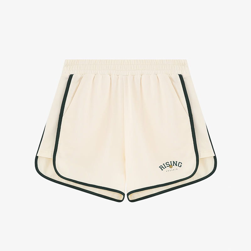 AROSRIS Retro Logo Cotton Sweat Shorts in Cream Beige — flat lay showing relaxed vintage cut and subtle logo print