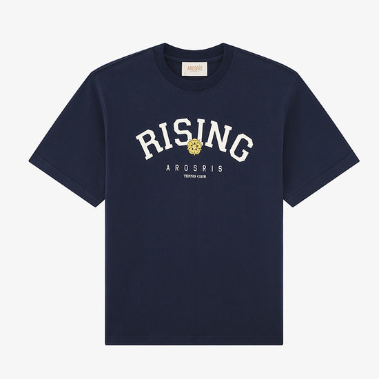 AROSRIS Retro Rising Graphic Tee in Classic Navy — flat lay showing premium cotton construction and varsity Rising print detail