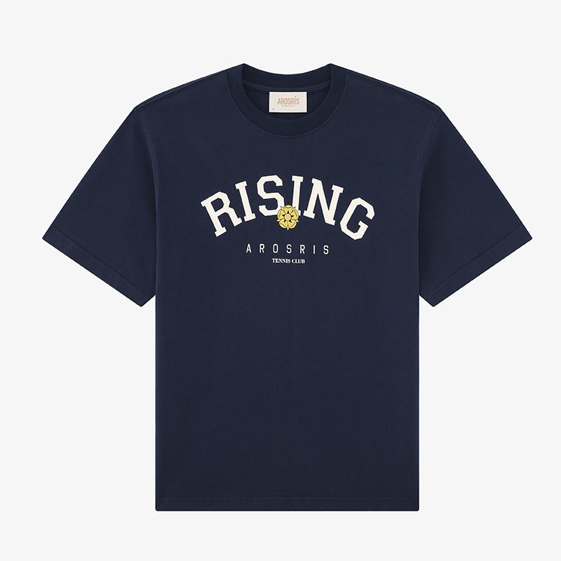 AROSRIS Retro Rising Graphic Tee in Classic Navy — flat lay showing premium cotton construction and varsity Rising print detail
