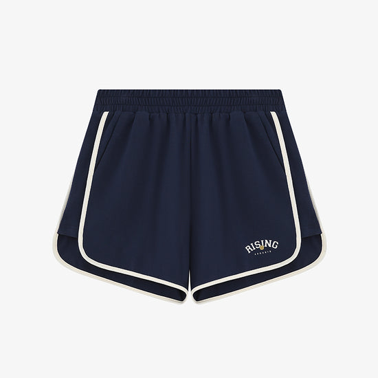 AROSRIS Retro Logo Sweat Shorts in Classic Navy — flat lay showing elastic waistband and premium long-staple cotton construction