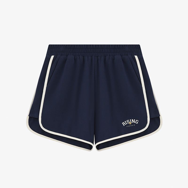 AROSRIS Retro Logo Sweat Shorts in Classic Navy — flat lay showing elastic waistband and premium long-staple cotton construction