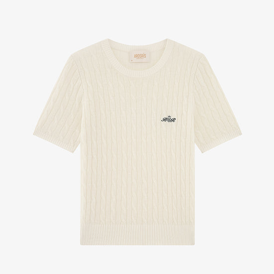 AROSRIS Retro Cable Knit Lambswool Sweater in Cream Beige — flat lay showing natural lambswool texture and vintage cable weave