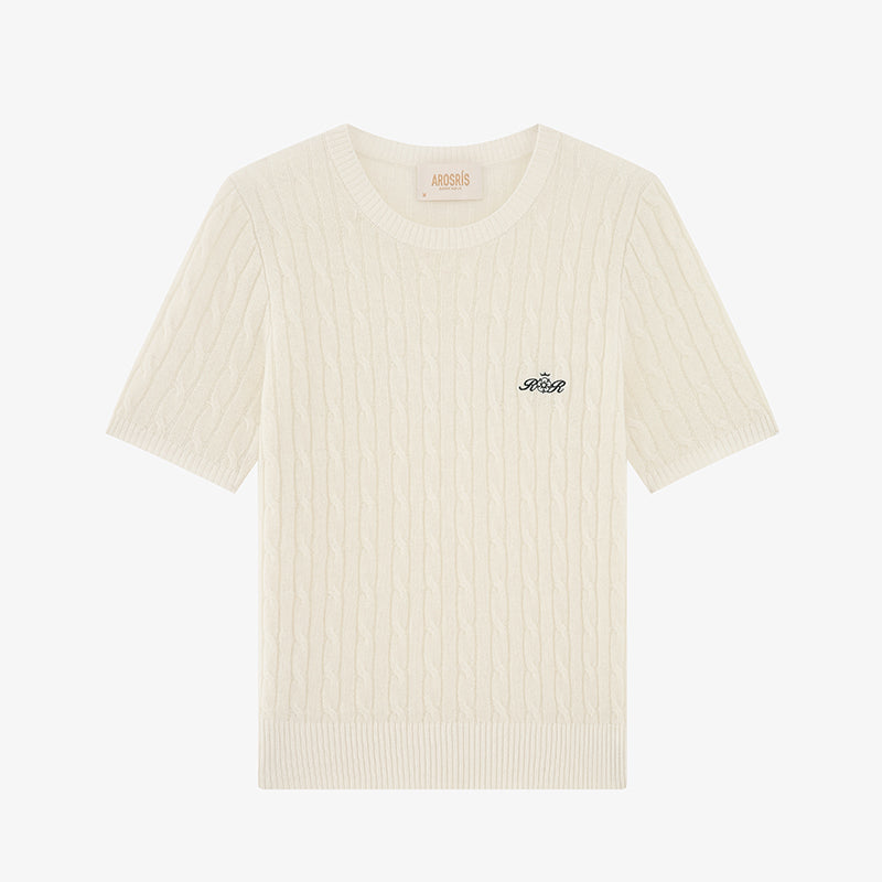 AROSRIS Retro Cable Knit Lambswool Sweater in Cream Beige — flat lay showing natural lambswool texture and vintage cable weave