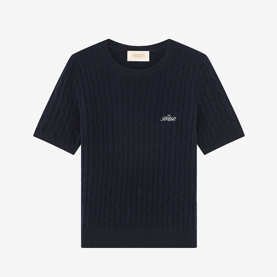AROSRIS Cable Knit Short Sleeve Sweater in Classic Navy — flat lay showing slim fit silhouette and 3D retro cable knit pattern