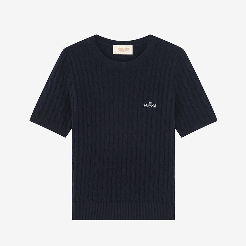 AROSRIS Cable Knit Short Sleeve Sweater in Classic Navy — flat lay showing slim fit silhouette and 3D retro cable knit pattern