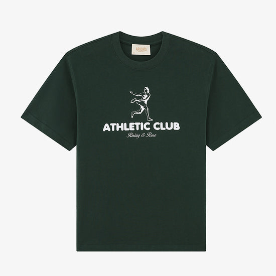 AROSRIS Vintage Tennis Graphic Tee in Varsity Green — flat lay showing Kay Stammers Athletic Club tribute artwork and long-staple cotton fabric