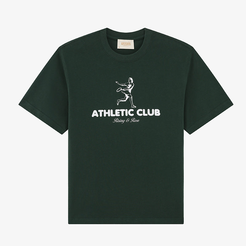 AROSRIS Vintage Tennis Graphic Tee in Varsity Green — flat lay showing Kay Stammers Athletic Club tribute artwork and long-staple cotton fabric