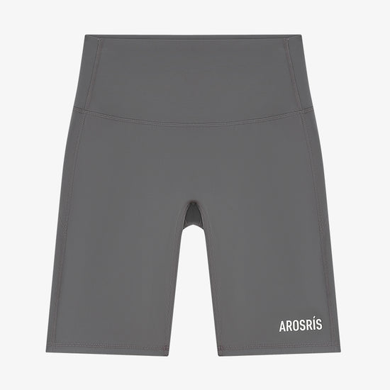 AROSRIS Naked Feel High-Waist Biker Shorts in Mist Grey — flat lay showing polyamide spandex fabric and seamless construction