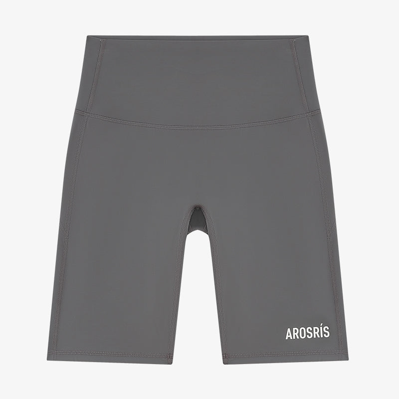 AROSRIS Naked Feel High-Waist Biker Shorts in Mist Grey — flat lay showing polyamide spandex fabric and seamless construction
