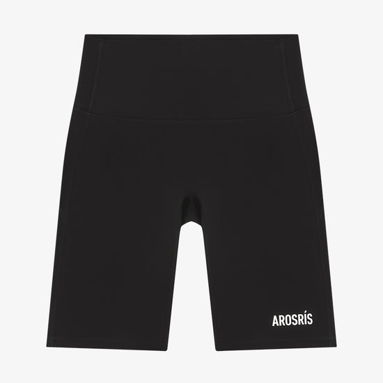 AROSRIS Naked Feel Compression Biker Shorts in Midnight Black — flat lay showing elastic high-waistband and Coats thread stitching