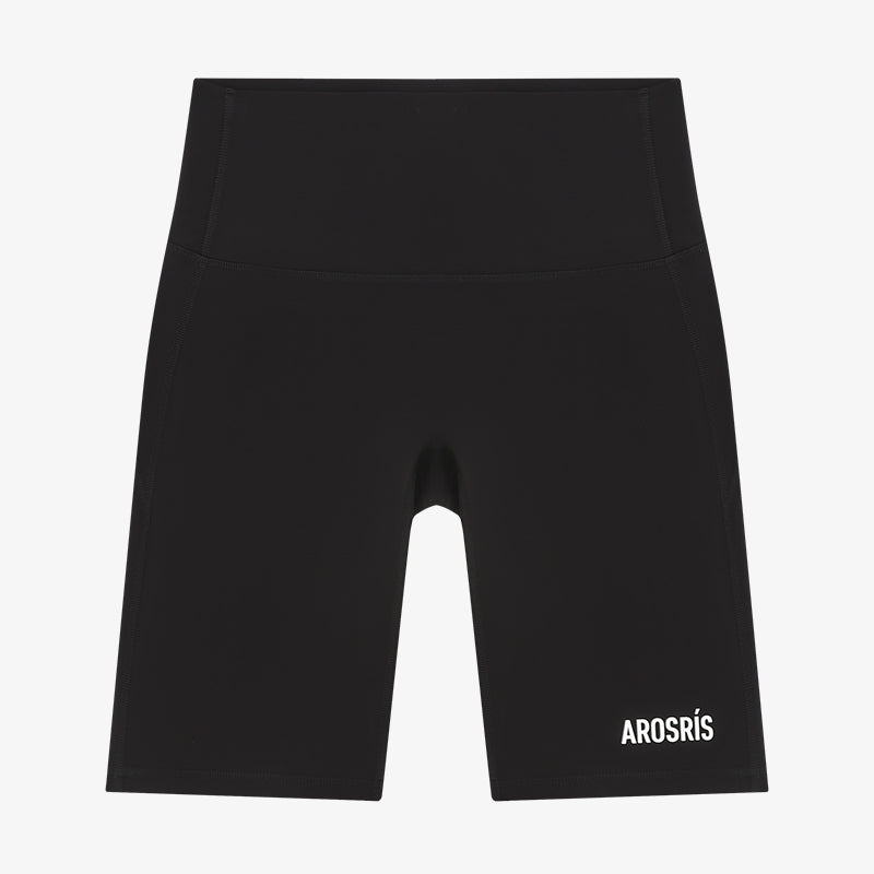 AROSRIS Naked Feel Compression Biker Shorts in Midnight Black — flat lay showing elastic high-waistband and Coats thread stitching