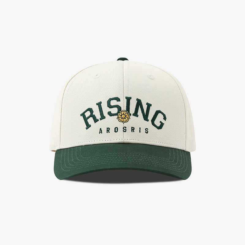AROSRIS Vintage Embroidered Cotton Dad Hat in Cream Beige — flat lay showing premium cotton fabric and retro text embroidery