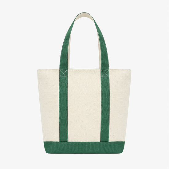 AROSRIS Canvas Tennis Tote in Varsity Green — flat lay showing cotton canvas material, zip closure and crest embroidery detail