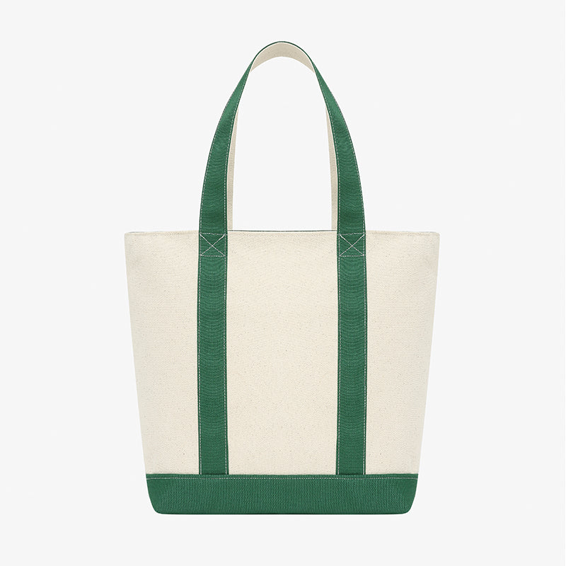 AROSRIS Canvas Tennis Tote in Varsity Green — flat lay showing cotton canvas material, zip closure and crest embroidery detail