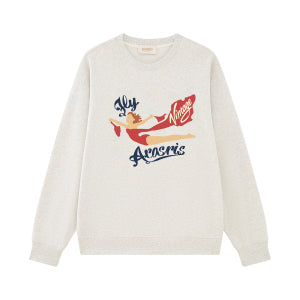 AROSRIS The Princess Retro Graphic Crewneck in Oatmeal Heather — flat lay showing Fly Arosris artwork and oversized relaxed cut