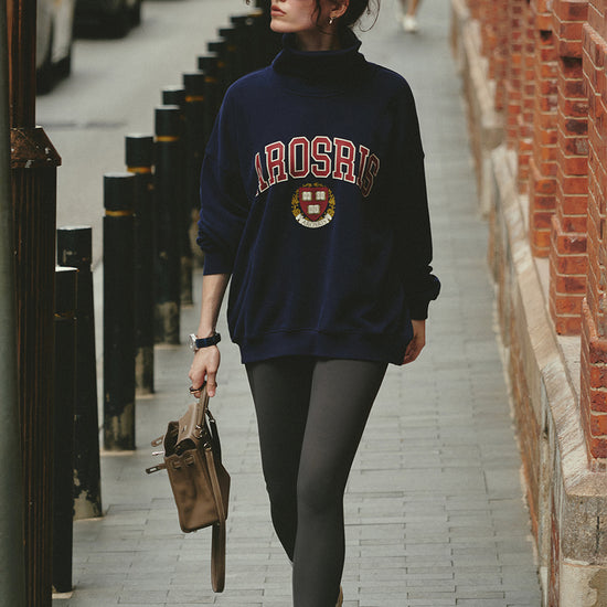 AROSRIS The Princess Varsity Sweatshirt in Royal Navy — full body street style showing super oversized boxy silhouette
