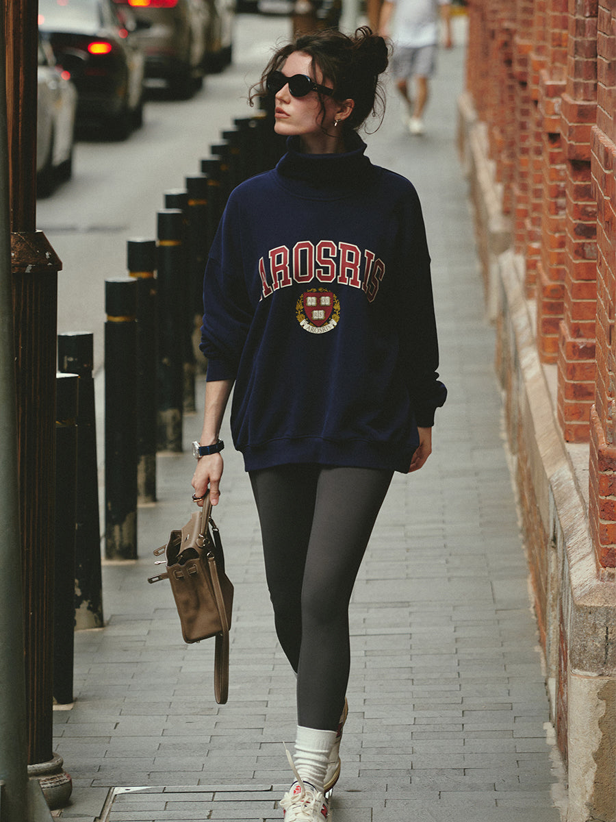 AROSRIS The Princess Varsity Sweatshirt in Royal Navy — full body street style showing super oversized boxy silhouette