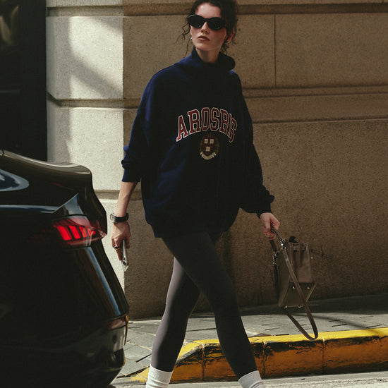 AROSRIS The Princess Mock Neck Varsity Sweatshirt in Royal Navy — flat lay showing brushed terry fabric and mock neck collar detail