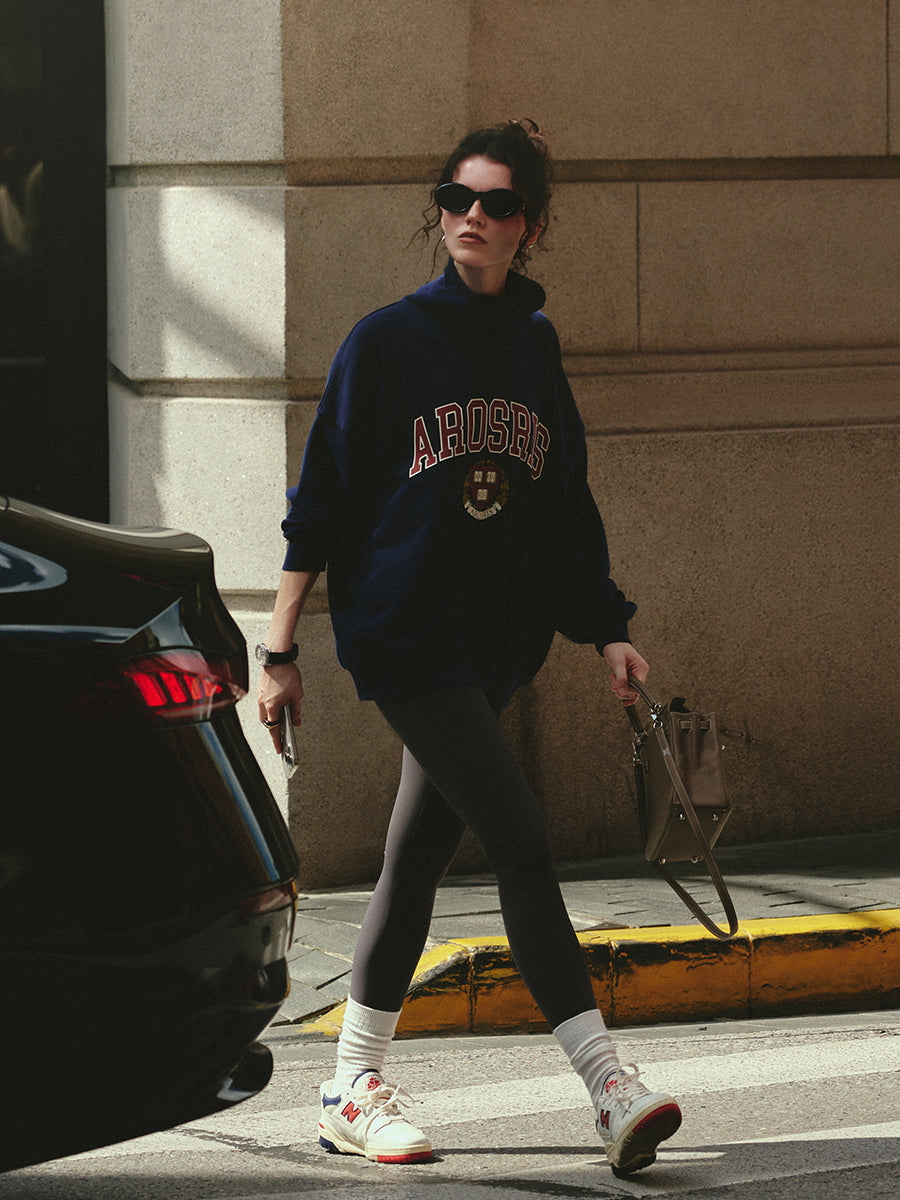 AROSRIS The Princess Mock Neck Varsity Sweatshirt in Royal Navy — flat lay showing brushed terry fabric and mock neck collar detail