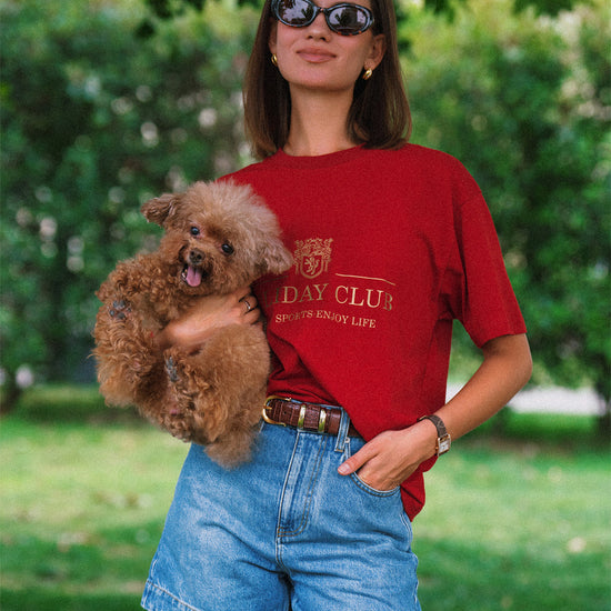 AROSRIS Princess Vintage Denim Shorts — full body street style showing high-waist fit styled with red graphic tee