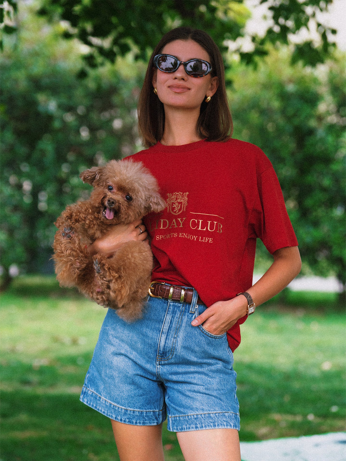 AROSRIS Princess Vintage Denim Shorts — full body street style showing high-waist fit styled with red graphic tee
