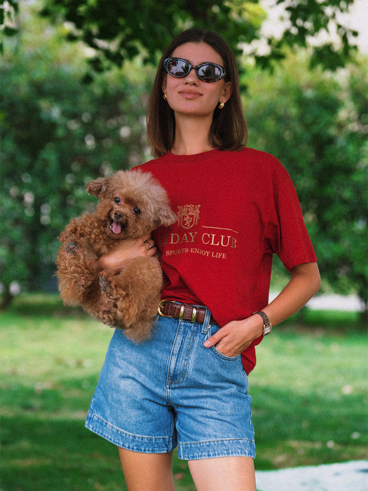 AROSRIS Princess Vintage Denim Shorts — full body street style showing high-waist fit styled with red graphic tee