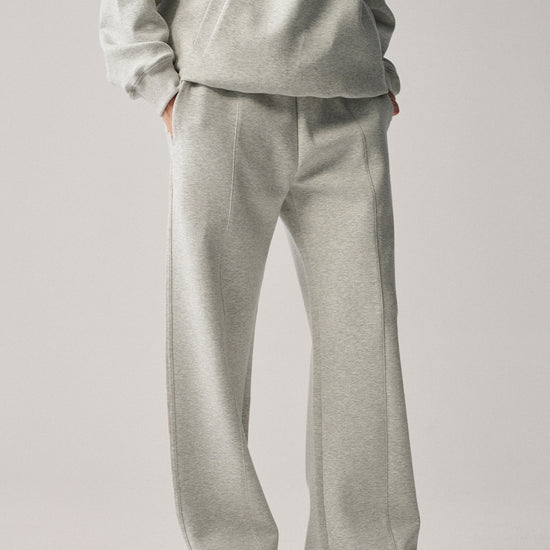 AROSRIS City Concerto Scuba Knit Straight Leg Pants in light grey — full body front view with matching hoodie