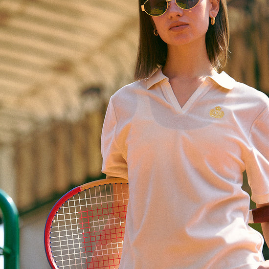 AROSRIS Holiday Velvet Badge Polo in pink — outdoor shot showing slim regular fit and classic polo collar detail