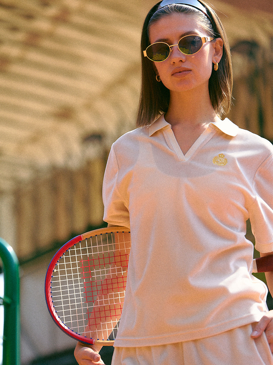 AROSRIS Holiday Velvet Badge Polo in pink — outdoor shot showing slim regular fit and classic polo collar detail
